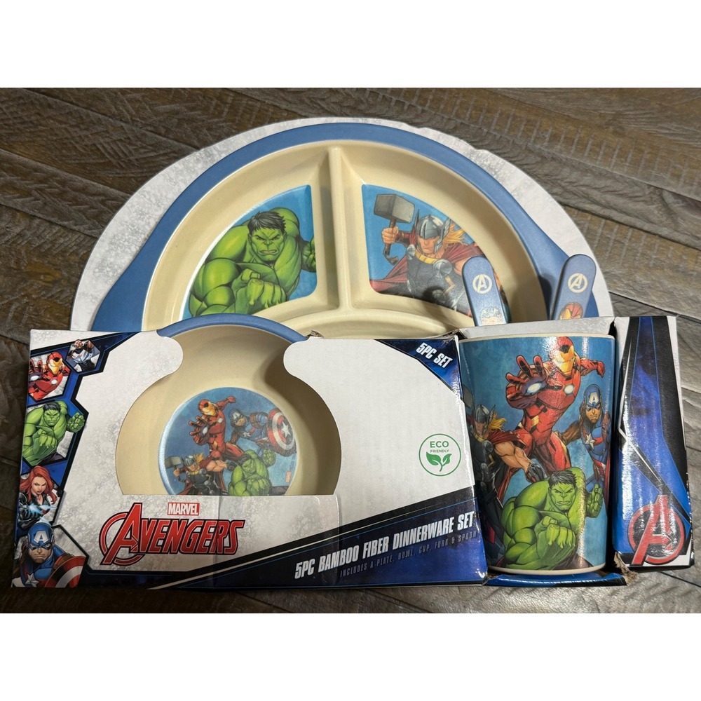 Marvel Avengers Dinnerware Set Kids OS Blue NIB 5pc Bamboo Fiber Superhero new